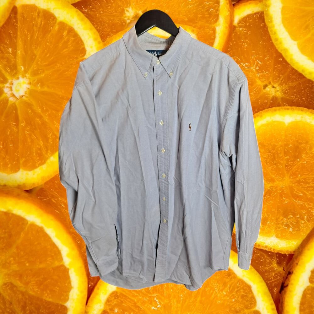Ralph Lauren Men's Grey Yarmouth Button-Up Long Sleeve Oxford Shirt Size 17.5-35